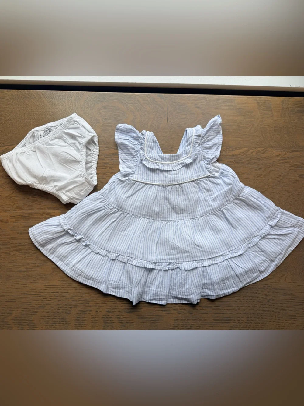 Janie and Jack Striped Light Blue Ruffle Baby Dress with Matching Bloomers -3-6M